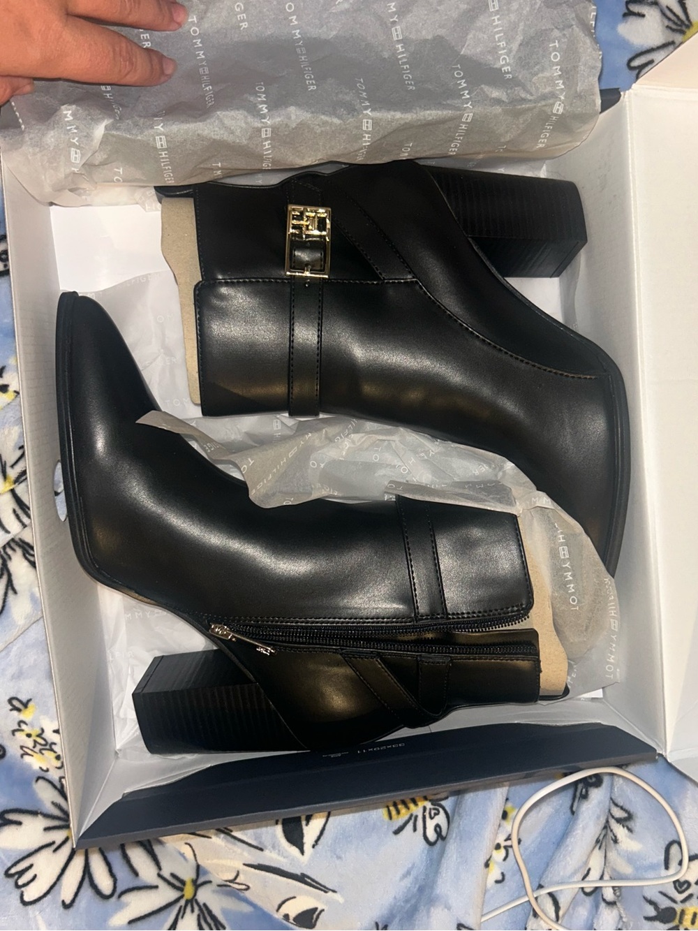 Tommy Hilfiger Black Leather Ankle Boots with Gold Buckle